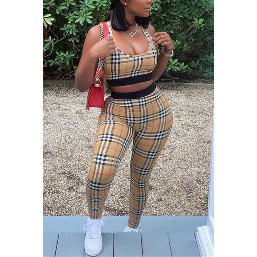 Khaki Plaid Print Two-Piece
